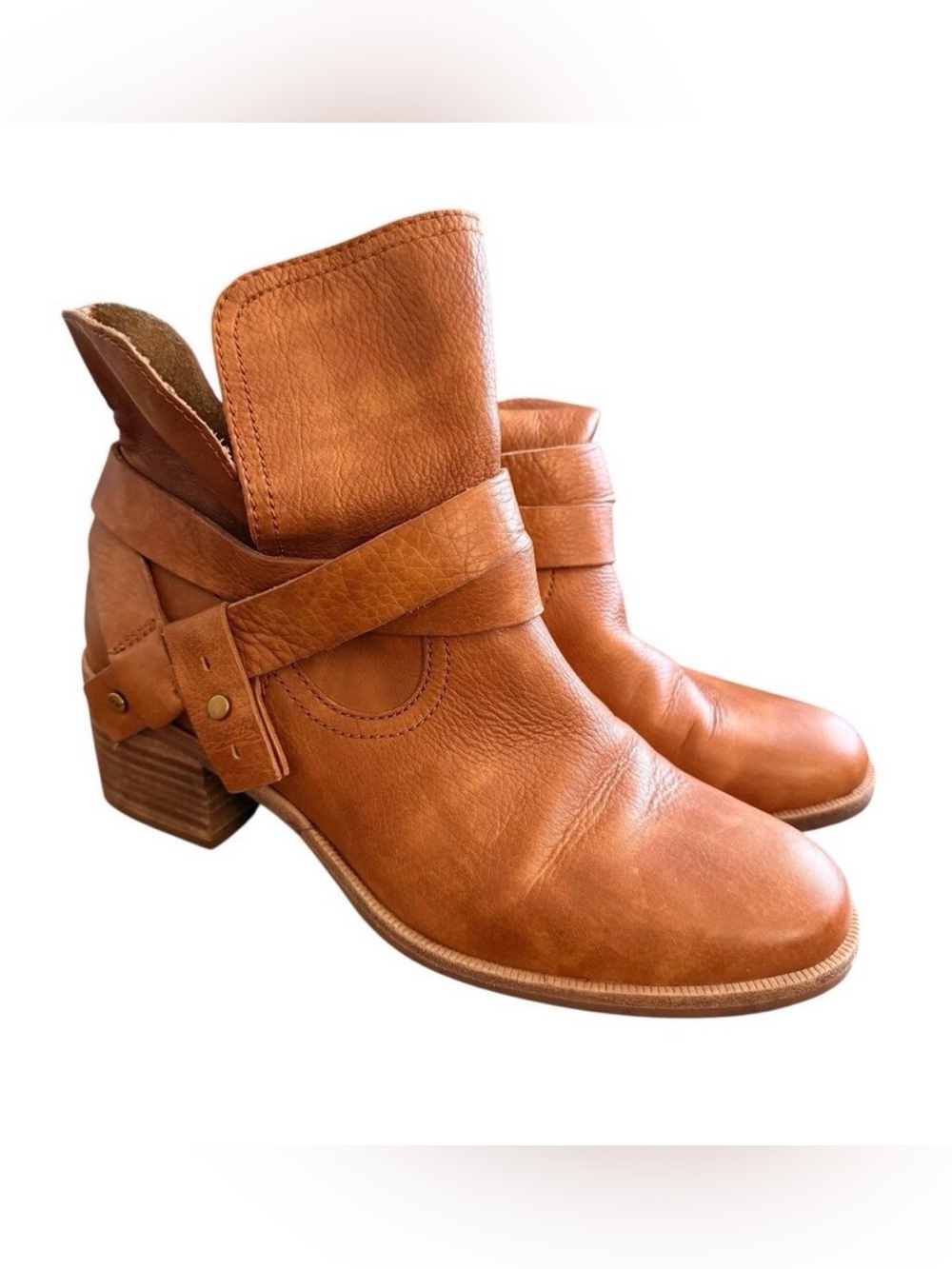 UGG ELORA Chestnut Brown Leather Ankle Boots Sz 8 Boho Biker Straps Block Heels